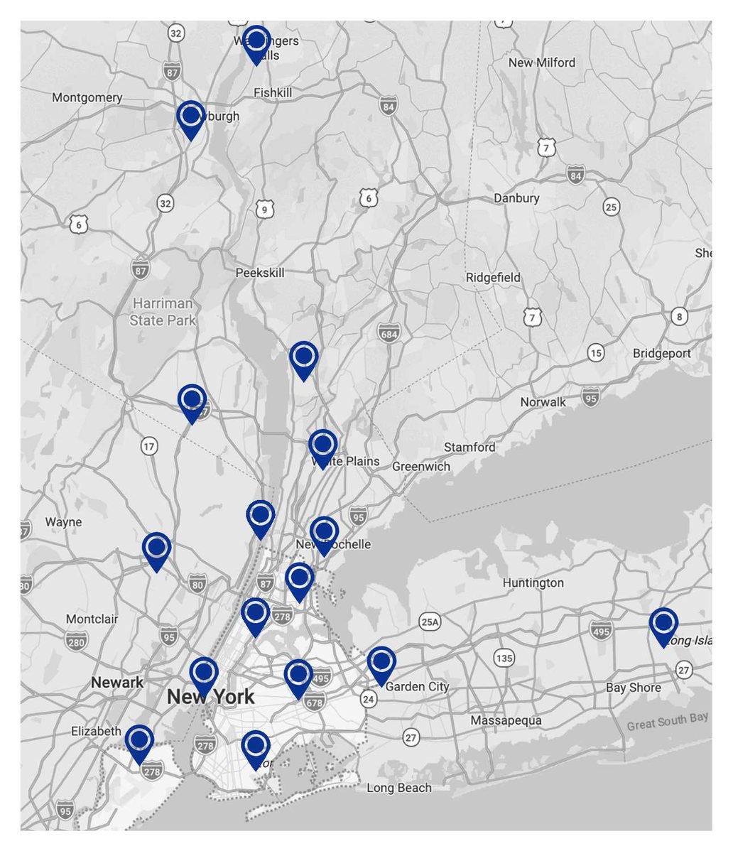 Map of the New York metropolitan area showing all sixteen Motion Orthopedics offices,
                  from Wappinger Falls in the north to Staten Island and Brooklyn in the south and
                  Ronkonkoma to the east. Every office is listed with its full address below this map.